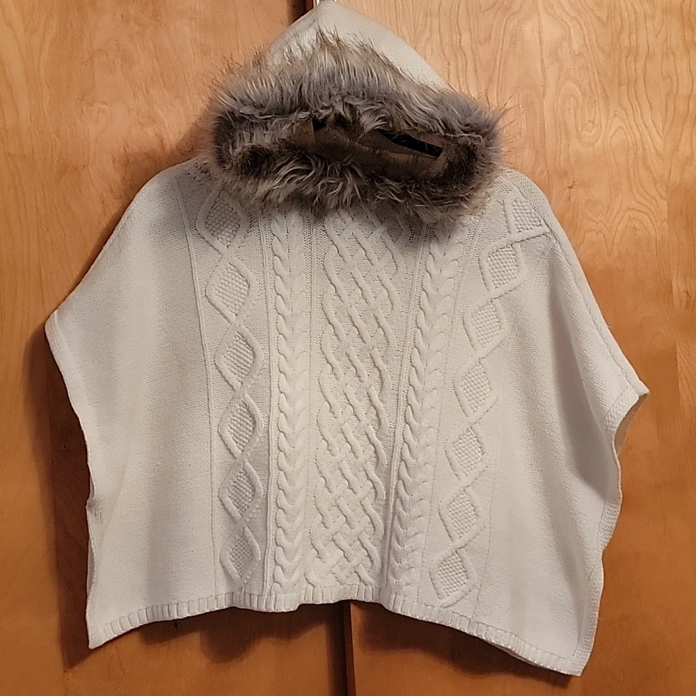 Gap Kids Ivory Sweater Poncho Fur Trimmed Hoodie